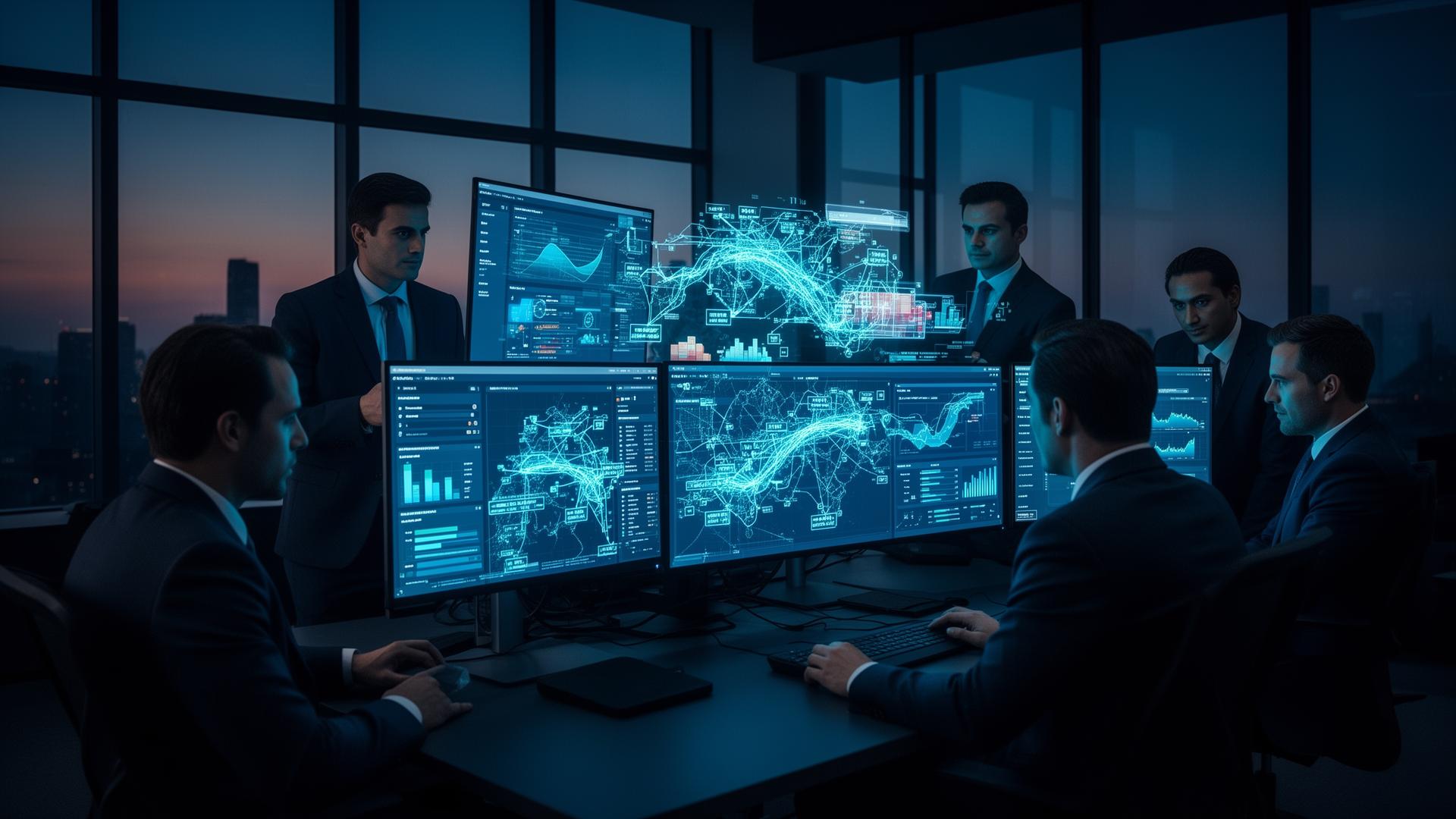 Logistics team analyzing AI-powered dashboards